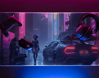 Tapis de souris de jeu LED Cyberpunk City, tapis de bureau de jeu XXL, Cyberpunk, Cyber City, Gaming, Futuriste, Tapis de souris