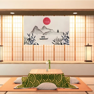 Stunning Traditional Japanese Boat Painting Poster with Red Sun and Mountain Landscape on Matte Paper