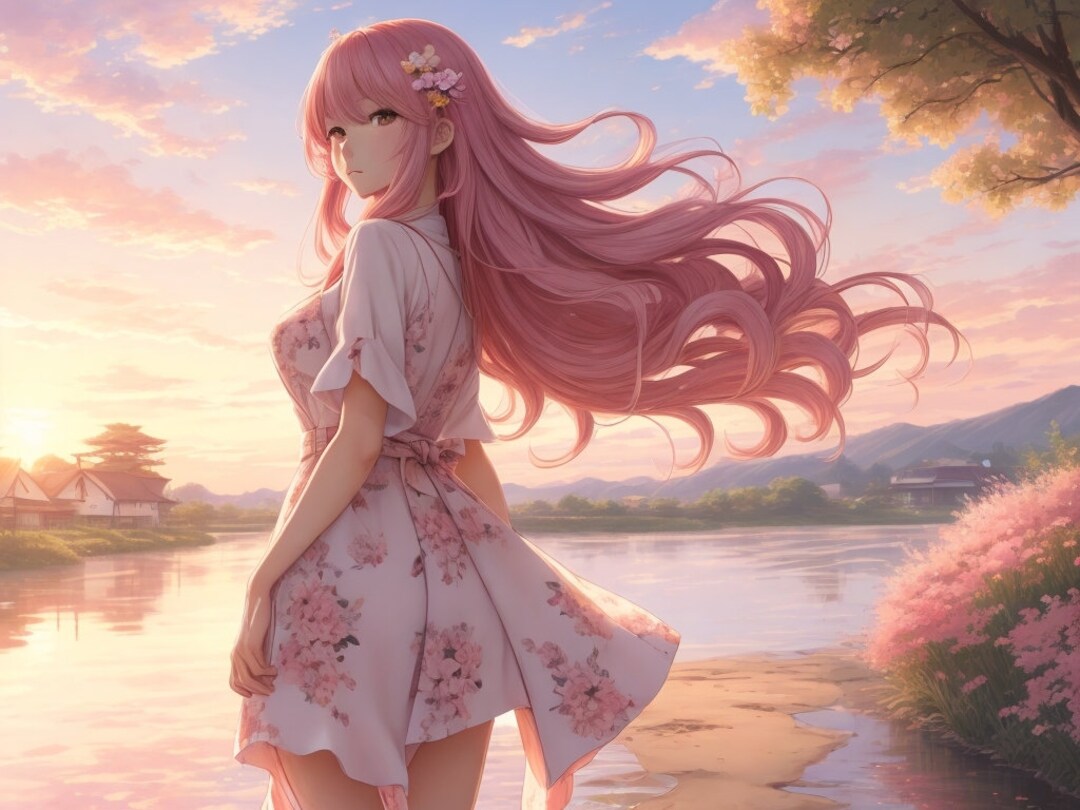 Pink Haired Anime Girl Desktop Wallpaper Digital Download Cute 