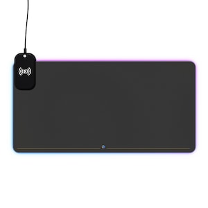May include: A black wireless charging pad with a light blue and purple glow around the edges. The charging pad has a small black wireless charging receiver attached to the top.