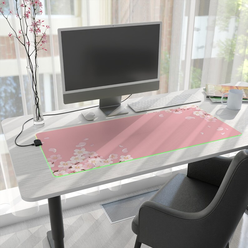Pink Cherry Blossom RGB Gaming Mousepad - Large Gaming Desk Mat - Stunning Floral Design with Adjustable Lighting image 2