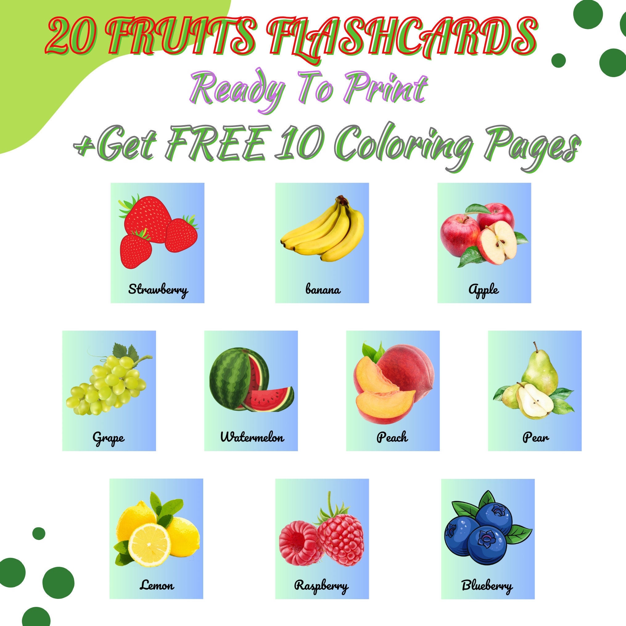20 Printable Fruits Flashcards, PDF Educational Cards for Kids ...