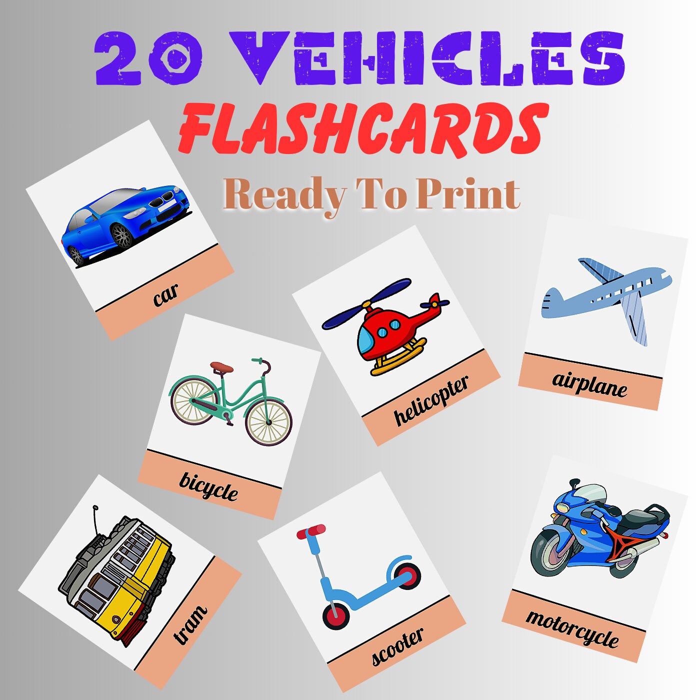 Vehicles Flashcards, Educational Vehicles Flashcards for Kids, PDF
