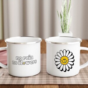 No rain, no flowers 12oz enamel mug | Positive vibes or mental health gift image 1