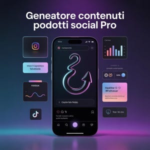 May include: A digital illustration of a smartphone with a neon-style ampersand and arrow design on the screen. The phone is surrounded by app icons and data visualizations, with the text "Geneatore contenuti podotti social Pro" at the top.