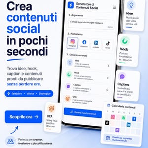 Può includere: Schermata di uno smartphone che mostra un'interfaccia di un'app per la creazione di contenuti social. L'app, "Generatore di Contenuti Social", offre strumenti per idee, hook e didascalie. L'interfaccia include icone di social media e un calendario dei contenuti.