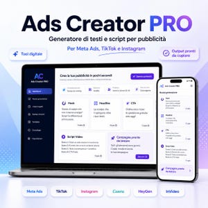Ads Creator PRO: herramienta digital para crear textos publicitarios, ganchos, guiones de vídeo y contenido para Meta, TikTok e Instagram.