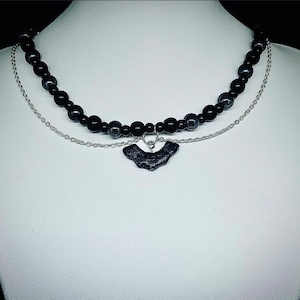 Baby bat gothic choker necklace with polymer bat charm, grey and black pearl beads, handmade with stainless steel chain
