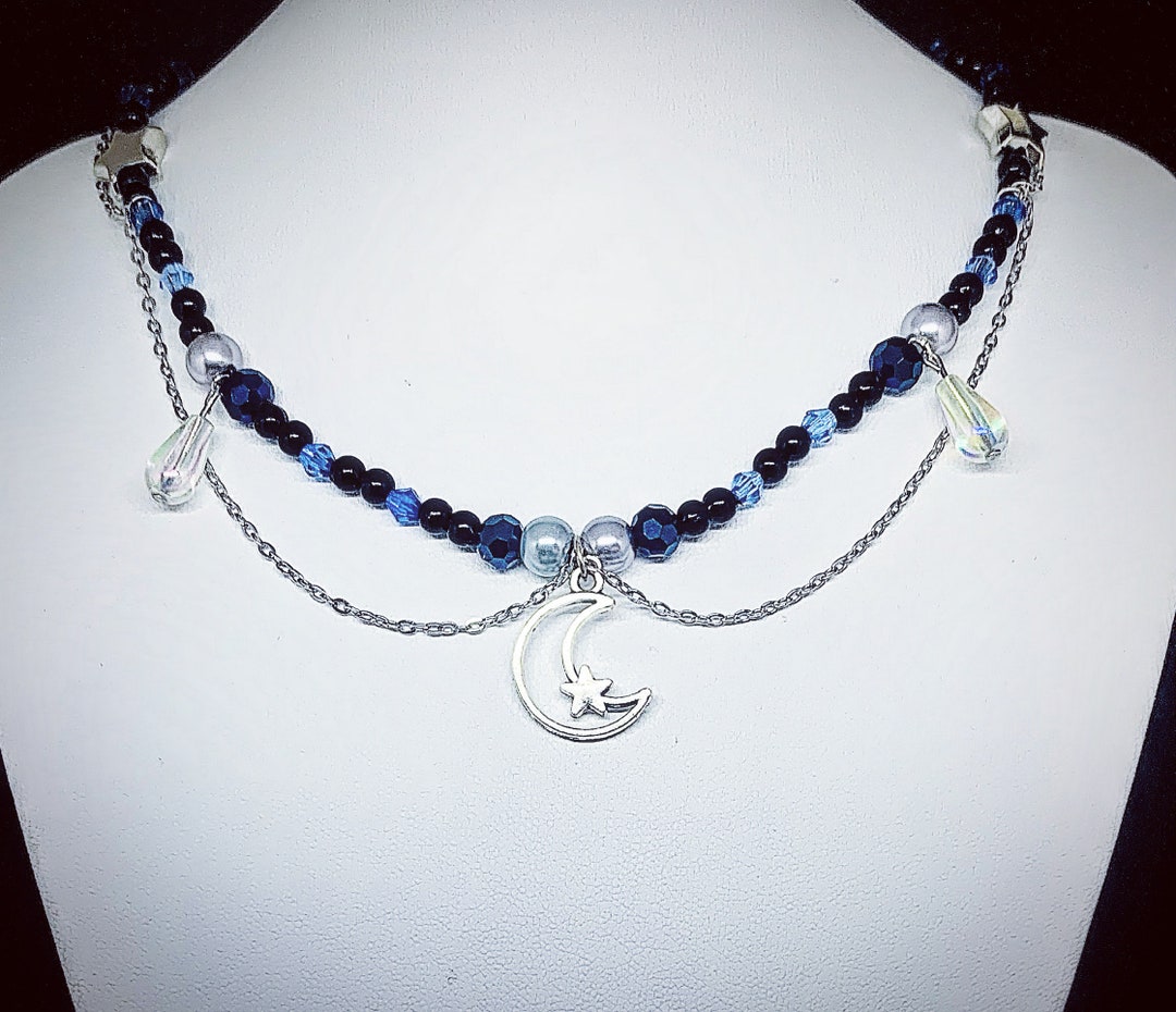 Astral Projection Gothic Choker Necklace With Silver Moon Charm, Blue ...
