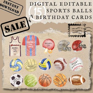 Sports-Themed Digital Editable Birthday Cards | Printable Designs in Ball, Jersey, and Helmet | Instant Download | Editable Party Cards