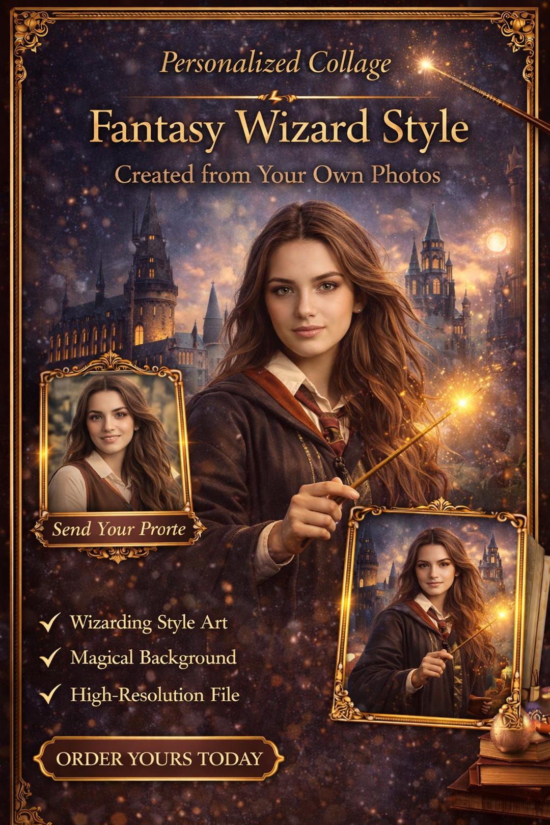 Wizard Collag Custom Magical Portrait โ Personalized Wizard Photo Gift โ Magic-themed ...