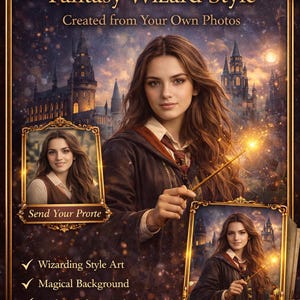 Retrato mágico personalizado – Regalo fotográfico de mago personalizado – Collage digital de temática mágica – Ilustración de disfraz de Hogwarts