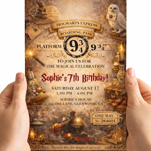 Op de afbeelding: Een uitnodiging voor Sophie's 7e verjaardag, ontworpen als een Hogwarts Express boarding pass. De uitnodiging bevat de datum, tijd en locatie, met illustraties van een trein en een uil. De tekst luidt: "Present this for magical access!"