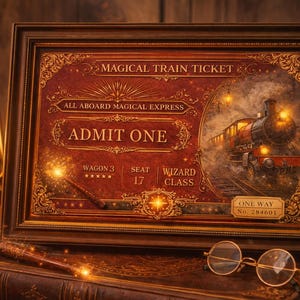 Op de afbeelding: Een ingelijste "Magische Treinticket" met gouden details en een bordeauxrode achtergrond. Het ticket luidt "Toegang voor één persoon" en toont een vintage treinillustratie. Een toverstaf en een bril liggen op een stapel boeken.