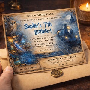 Op de afbeelding: Een verjaardagsuitnodiging in vintage-stijl met een uil, trein en magisch thema. De uitnodiging luidt "Sophie's 7th Birthday!" met evenementdetails. Het ticket zit in een envelop met een zegel.