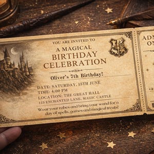 Op de afbeelding: Een uitnodiging in vintage-stijl voor een magische verjaardagsviering. De uitnodiging toont een kasteelillustratie, de tekst "A Magical Birthday Celebration" en de woorden "Admit One". De uitnodiging wordt door een hand vastgehouden.