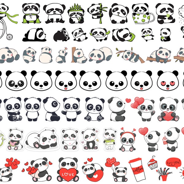 Bundle Svg Panda, Panda mignon SVG Bundle, Panda Bear Svg, Kawaii Panda Vector Clipart, téléchargement immédiat