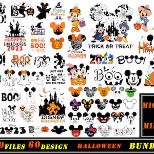 May include: A collection of Halloween-themed digital designs featuring Mickey and Minnie Mouse. The designs include various Halloween elements such as ghosts, pumpkins, bats, and the text "Boo!" and "Trick or Treat." The bundle includes 240 files and 60 designs.