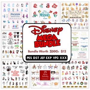 May include: A selection of embroidery designs featuring Disney characters and themes. The image includes designs from Frozen, The Little Mermaid, Winnie the Pooh, and other Disney-related bundles. The text "Disney MEGA BUNDLE" is prominently displayed.