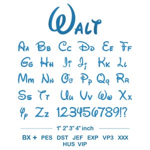 Walt Stickschrift | Disney Stickdatei Alphabet | Maschinenstickerei Schriftart | BK Stickschrift | 1 2 3 4 Zoll