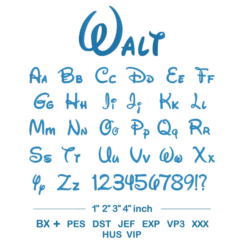 Walt Embroidery Font | Disney Style Embroidery Alphabet | Machine Embroidery Font | BX Embroidery Font | 1 2 3 4 Inch image 1