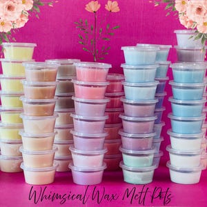 May include: An assortment of pastel-coloured wax melt pots, arranged on a pink surface. The clear plastic containers hold wax in shades of pink, blue, and yellow. The text "Whimsical Wax Melt Pots" is visible at the bottom of the image.