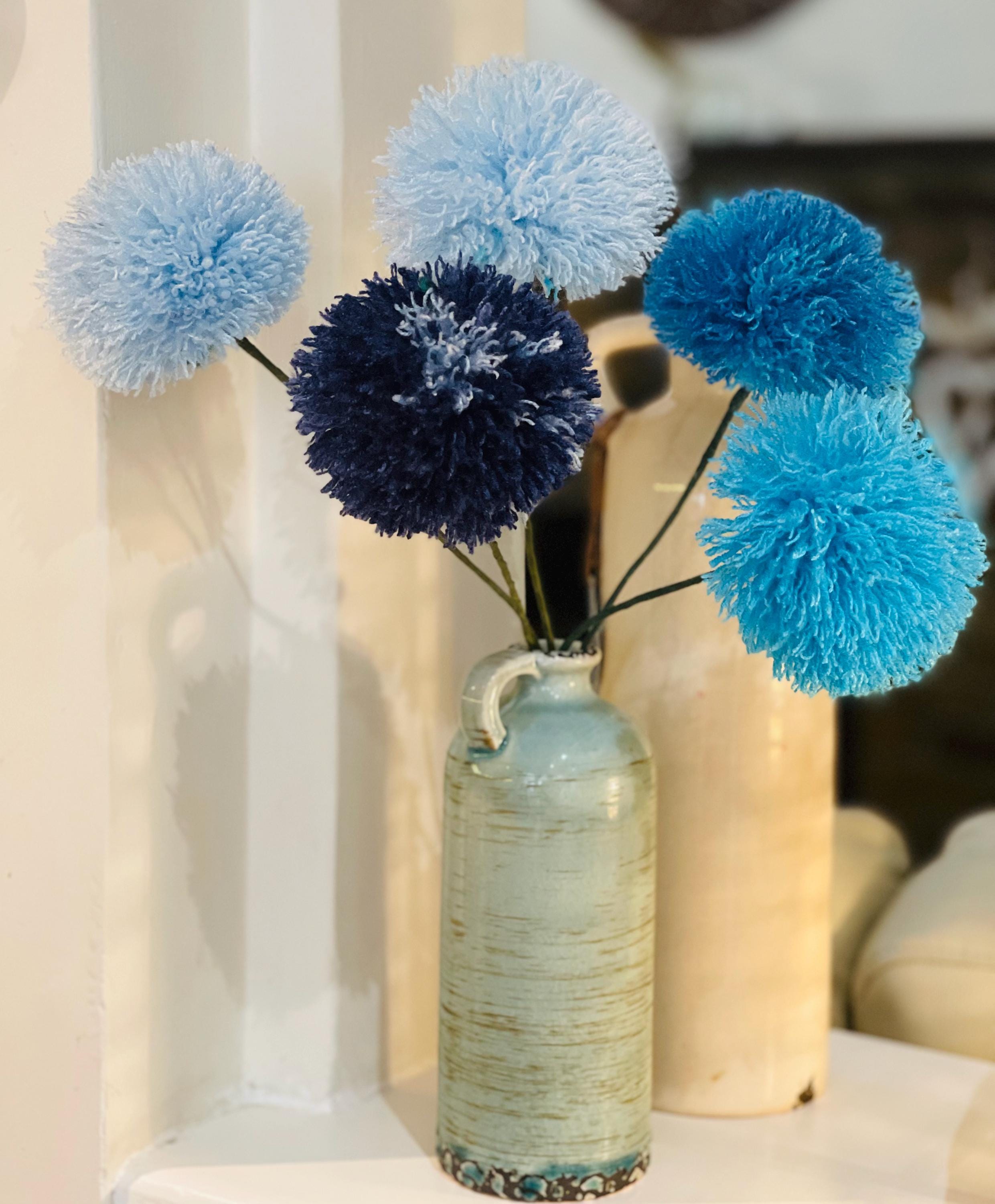 Handmade Blue Pom Pom Flower Bouquet, Eco-friendly Wool