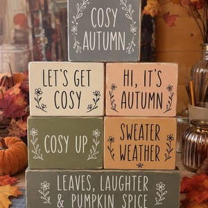 May include: A stack of six rectangular wooden blocks painted in muted tones of grey, cream, peach, olive green, and orange. Each block features white or black text including phrases like COSY AUTUMN, LET'S GET COSY, HI, IT'S AUTUMN, COSY UP, SWEATER WEATHER, and LEAVES, LAUGHTER & PUMPKIN SPICE.