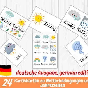 Paquete de tarjetas didácticas para niños de condiciones meteorológicas alemanas, tarjetas didácticas de las estaciones, póster de condiciones meteorológicas, tarjetas didácticas montessori, Wetterkarten