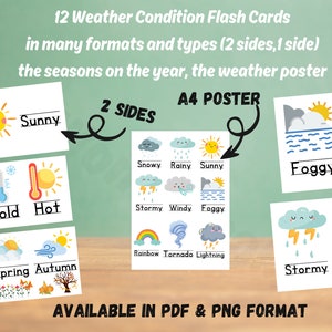 Pacote de cartões flash infantis com condições climáticas, cartões flash de estações, pôster de condições climáticas, cartões flash montessori, cartões flash de jardim de infância