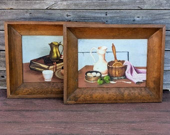 Set Of 2 Vintage Wood Framed Signed Paintings, 1960's Wall Art, Cozy Room Décor