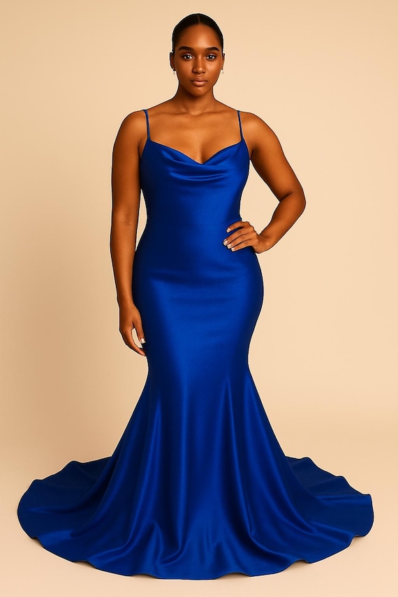 fitted lace wedding dress Royal Blue Mermaid Satin Long Prom Dress, Off Shoulder Blue Evening Dress US 10 / Black main image 0