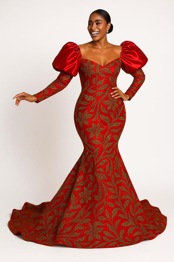 African Ankara Mermaid Gown, Ankara Styles With Puffy Sleeves