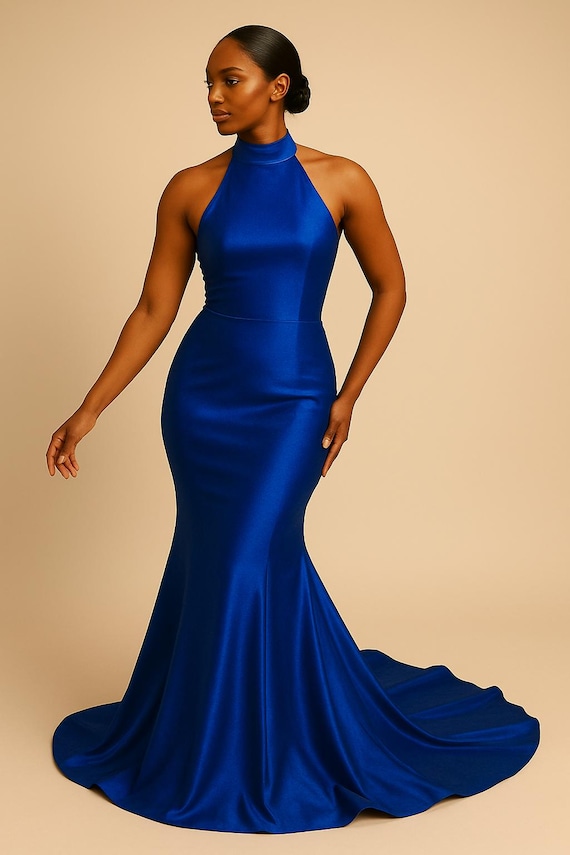 royal blue halter dress Gorgeous Royal Blue Halter A-line Prom Dress with Side Slit main image 0
