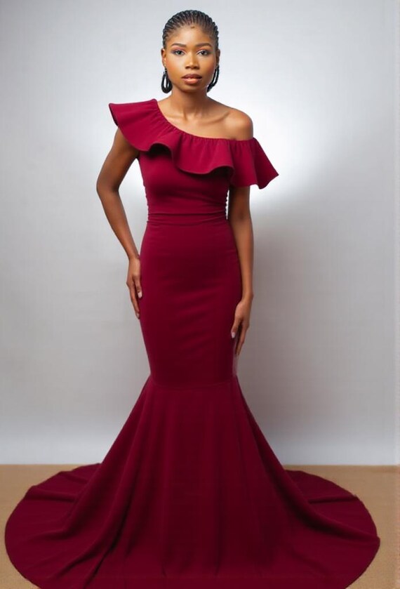 burgundy off the shoulder mermaid dress One Shoulder off the Shoulder Burgundy Mermaid Gown