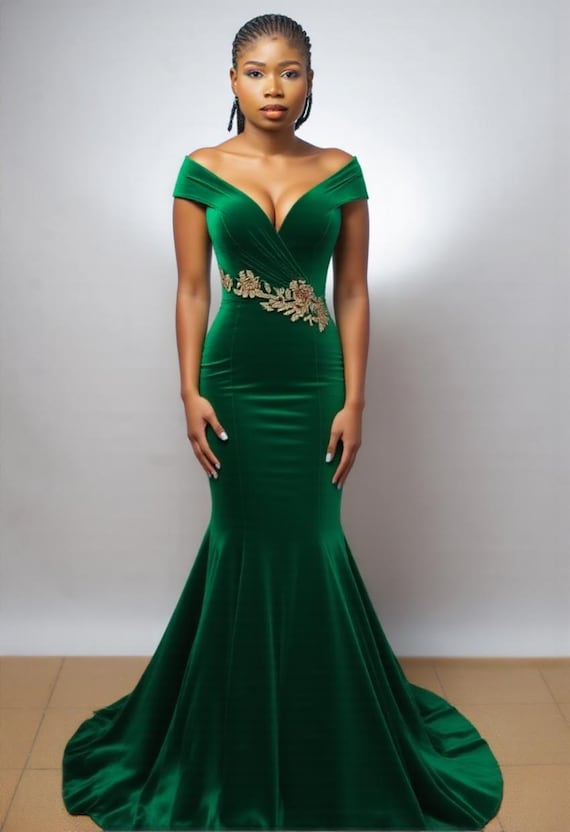 Robe de soirée sirène en velours vert émeraude avec appliqué en