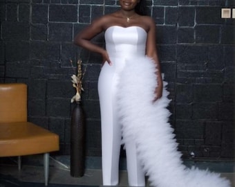 White jumpsuit with side cape, sleeveless wedding reception jumpsuit