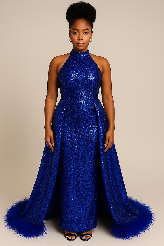 royal blue glitter prom dress Royal Blue Tiered Sequin Lace Prom Dresses with Slit & Spaghetti Straps main image 0