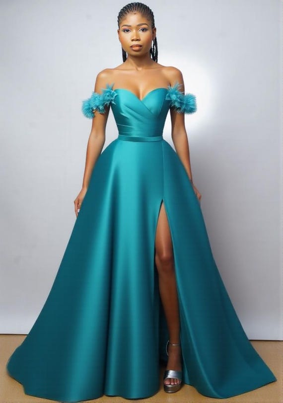 Off the shoulder turquoise flared feathers dresses