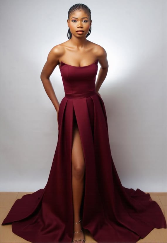 burgundy fitted dress LaDivine CR886 Formal Long Ruffle Prom Architectural Ruched Waist Formal Evening Dress Burgundy Fitted