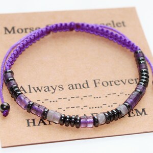 Personalized Morse Code Bracelet, Mother's Day Gift, Amethyst Bracelet , Anniversary Birthday Gift, Adjustable Bracelet, Gift for Women Girl zdjęcie 1