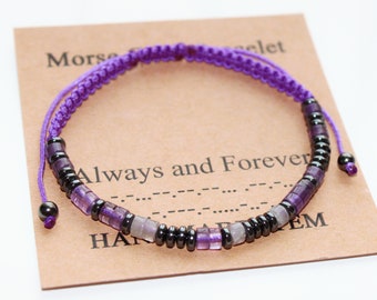 Personalized Morse Code Bracelet, Mother's Day Gift, Amethyst Bracelet , Anniversary Birthday Gift, Adjustable Bracelet, Gift for Women Girl