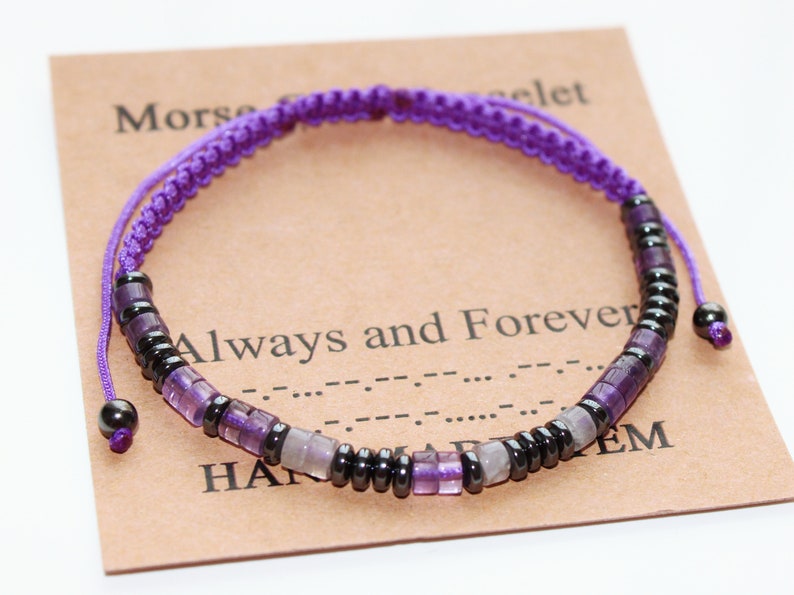 Personalized Morse Code Bracelet, Mother's Day Gift, Amethyst Bracelet , Anniversary Birthday Gift, Adjustable Bracelet, Gift for Women Girl zdjęcie 1