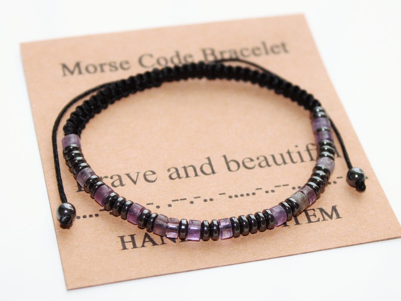 Personalized Morse Code Bracelet, Mother's Day Gift, Amethyst Bracelet , Anniversary Birthday Gift, Adjustable Bracelet, Gift for Women Girl zdjęcie 7