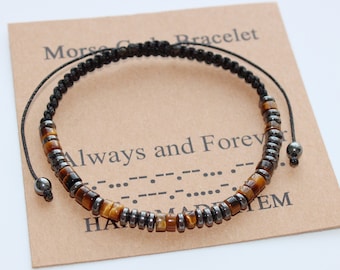 Personalized Morse Code Bracelet, Custom Bracelet, Tiger&#39;s Eye Bracelet, Adjustable Bracelet, Message Bracelet, Gift for Men Women Him Her