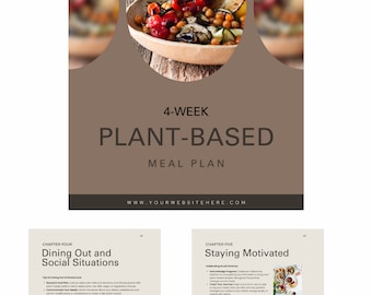 May include: A 4-week plant-based meal plan guide with a colorful image of a bowl of roasted vegetables and chickpeas. The guide includes chapters on dining out and social situations, and staying motivated.