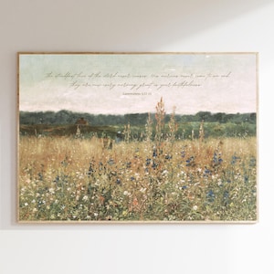 May include: A framed print featuring a pastoral landscape with a field of wildflowers in shades of yellow, blue, and white. The artwork has a vintage aesthetic. The text at the top reads, "The steadfast love of the Lord never ceases..." Lamentations 3:22-23.