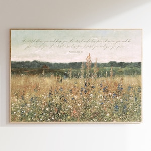Peut inclure: Une peinture à l'aquarelle d'un champ de fleurs sauvages avec une citation de Nombres 6:24-26 : « Que l'Éternel te bénisse et te garde ; que l'Éternel fasse briller sa face sur toi et te fasse grâce ; que l'Éternel tourne sa face vers toi et te donne la paix. »