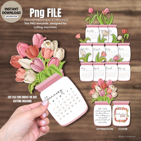 Tulips, Spring Flower Bouquet Template, Calendar 2024, Cutting file for any Cutting Machine, Instant DL, Reusable All Year Template