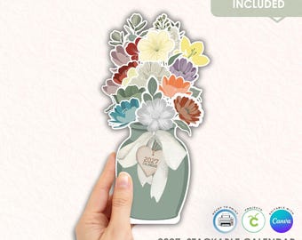 2027 Stackable Desk Calendar Template, Sage Meadow Floral, Printable DIY (Commercial Use)
